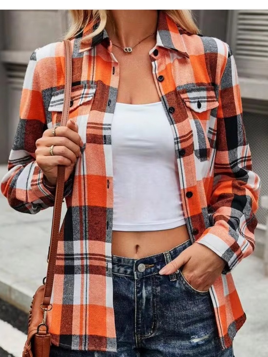 Flamingals Tops - Flamingals Orange Plaid Button-Up Shacket